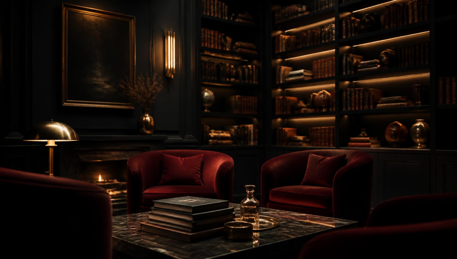 Burgundy armchairs and gold-lit bookshelves in the club reading room